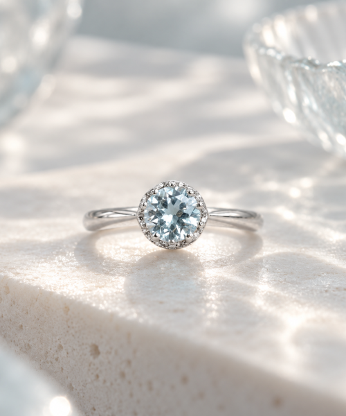 925 sterling silver ring featuring a round aquamarine centre stone surrounded by a delicate halo of cubic zirconia