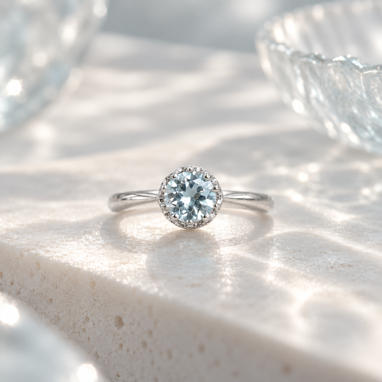 925 sterling silver ring featuring a round aquamarine centre stone surrounded by a delicate halo of cubic zirconia