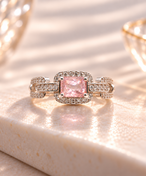 925 sterling silver ring featuring a pink-peach Padparadscha sapphire in a cushion-shaped setting, surrounded by cubic zirconia and interlocking chain-inspired band detailing