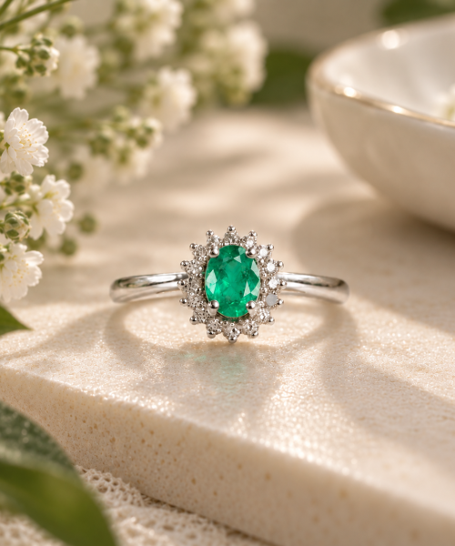925 sterling silver ring featuring a natural oval emerald centre stone surrounded by a floral halo of cubic zirconia