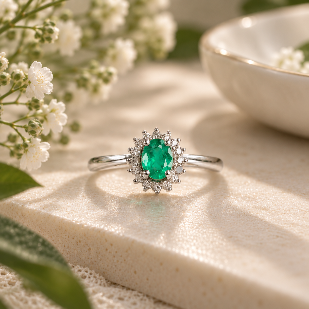 925 sterling silver ring featuring a natural oval emerald centre stone surrounded by a floral halo of cubic zirconia