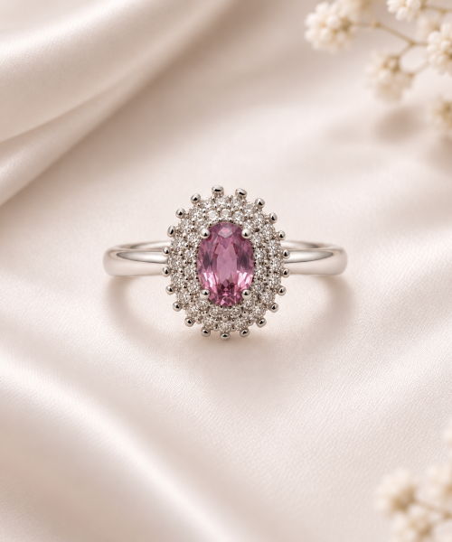 925 sterling silver ring featuring an oval purple sapphire surrounded by an intricate cubic zirconia halo