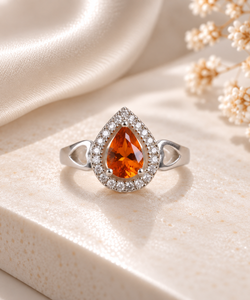 925 sterling silver ring with pear-shaped Spessartite (Mandarin) garnet centre stone surrounded by a cubic zirconia halo