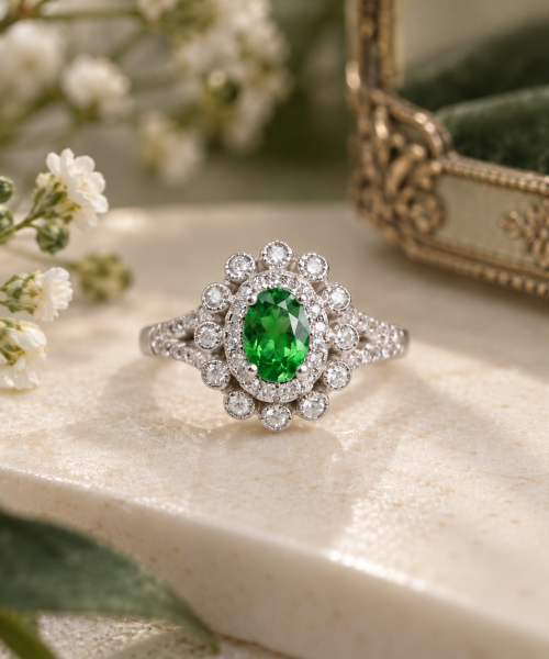 925 sterling silver ring featuring an oval green Tsavorite garnet centre stone surrounded by a floral halo of cubic zirconia