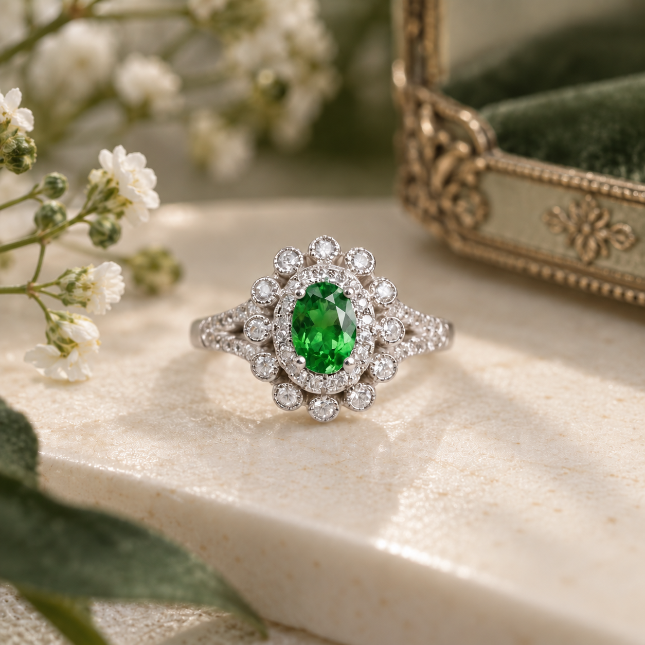 925 sterling silver ring featuring an oval green Tsavorite garnet centre stone surrounded by a floral halo of cubic zirconia