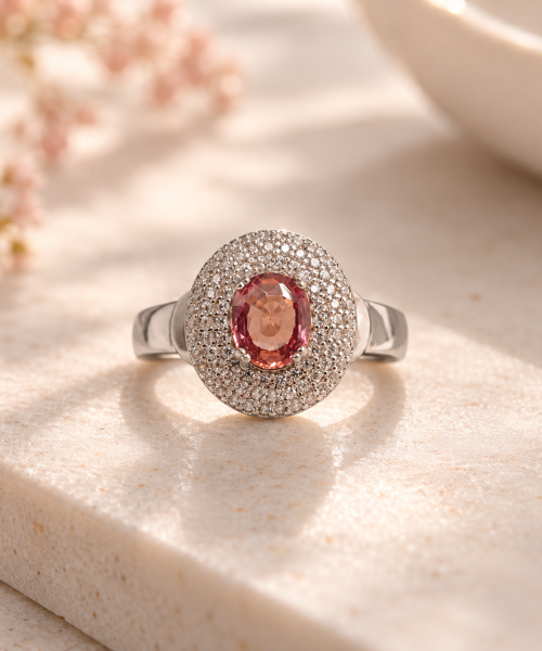 925 sterling silver ring featuring a natural oval Padparadscha sapphire in a warm peach-pink hue, surrounded by an intricate cubic zirconia halo